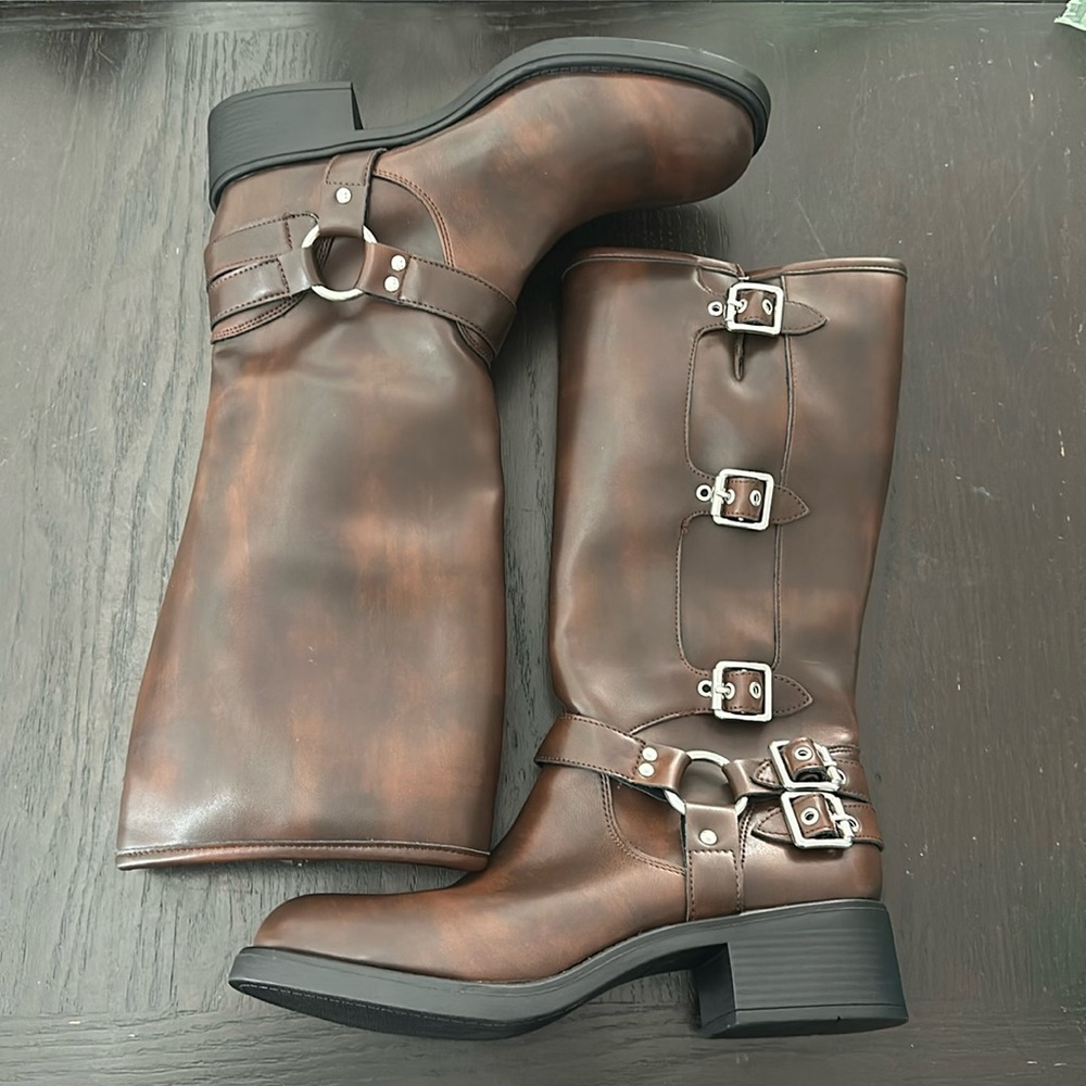 MADDEN GIRL Brown Black with Silver Buckle Tall Boots. Size 11 Vegan Leather - Picture 14 of 16